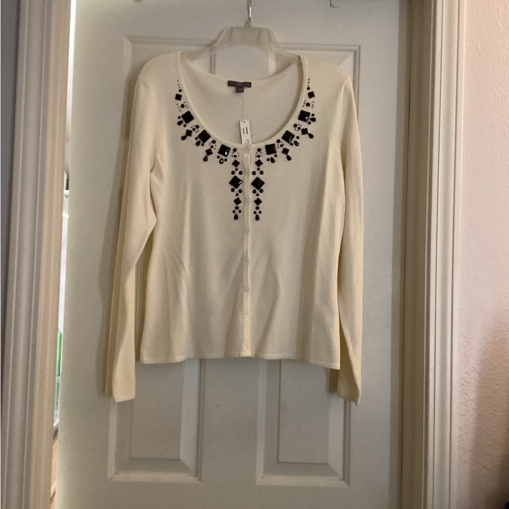 Women’s Cream Cardigan with Black Embellishments. NWT